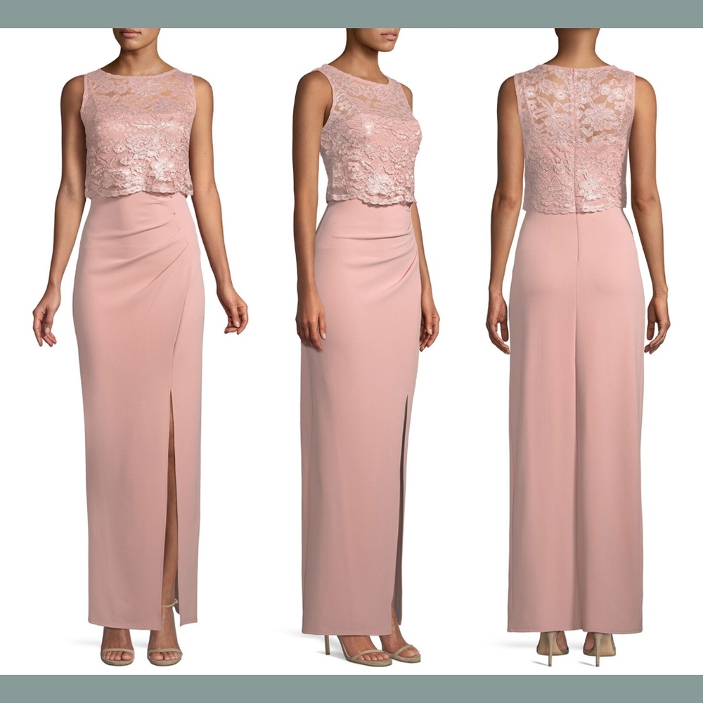NWD $179 Marina Crochet‎ Lace Popover Side Ruched Gown in Blush [SZ 6 ]